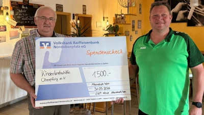 Auf dem Bild links: Herbert Putzer, Vorsitzender der Kinderkrebshilfe und Manfred Hilburger 1.Vorstand GH Altenstadt/Voh. (Bild: Peter Grundler)