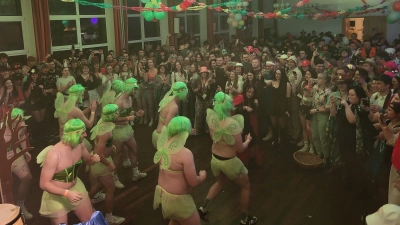 Das Männerballett der SG Neualbenreuth/Waldsassen zeigte eine Choreografie zum Thema „Waldbaden Deluxe – Vom Tillenguide zur Waldfee”. (Bild: Martin Maier )