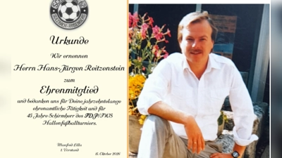 Noch nicht 30 Jahre jung hob er das Hallenfußballturnier aus der Taufe. Dafür und für seine Treue zu Schall`ke 62 ernannte die Versammlung -auf Vorschlag des Vorstands- Hans-Jürgen Reitzenstein einstimmig zum Ehrenmitglied. (Bild: Dietlinde Reitzenstein /Jürgen Delle (Montage))