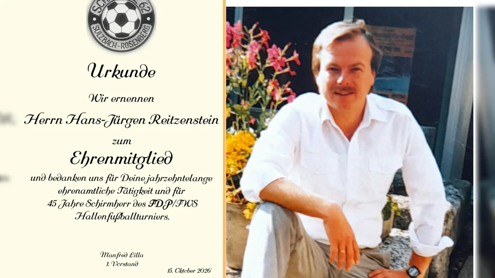 Noch nicht 30 Jahre jung hob er das Hallenfußballturnier aus der Taufe. Dafür und für seine Treue zu Schall`ke 62 ernannte die Versammlung -auf Vorschlag des Vorstands- Hans-Jürgen Reitzenstein einstimmig zum Ehrenmitglied. (Bild: Dietlinde Reitzenstein /Jürgen Delle (Montage))