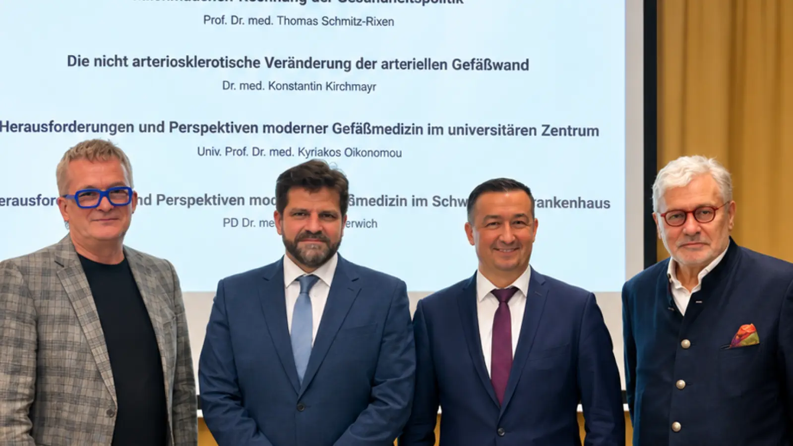 Hochkarätige Referenten beim 1. Gefäßforums Nordoberpfalz (von links): Dr. Konstantin Kirchmayr, Univ.-Prof. Dr. Kyriakos Oikonomou, PD Dr. Wojciech Derwich, Prof. Dr. Thomas Schmitz-Rixen. (Bild: Friedrich Peterhans)