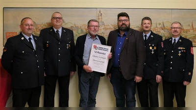 1. Kommandant Armin Buchwald, Kassenprüfer Armin Schall, Ehrenmitglied Hans Gebhardt, Bürgermeister Stefan Frank, Kassenprüfer Thomas Pöllinger, Vorsitzender Thomas Wiesent (von links) (Bild: Michael Gebhardt)