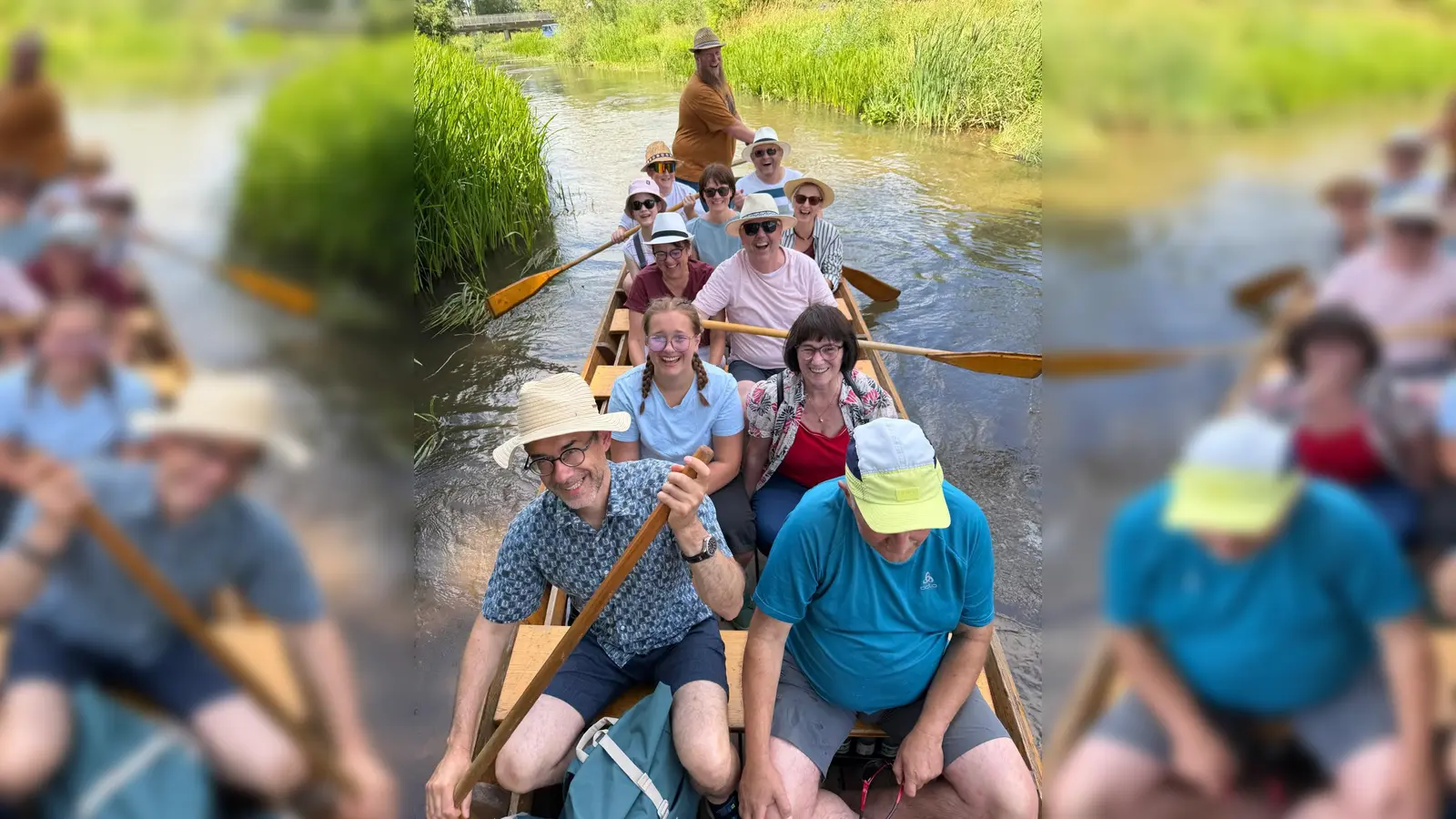 Erkennbar gute Laune bei der Zillenfahrt auf der Vils (Bild: Manfred Schlosser)
