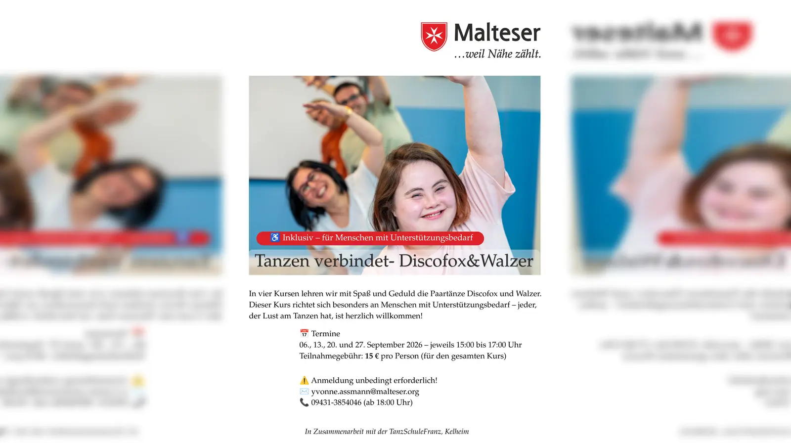 Das Plakat kündigt den inklusiven Tanzkurs in Schwandorf im September an. (Bild: exb)