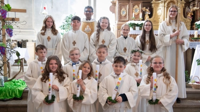 Vorne die Mädchen und Jungen, die ihre erste heilige Kommunion empfingen, oben die Ministranten und Herr Pfarrer Joseph. (Bild: Alexander Schoen)