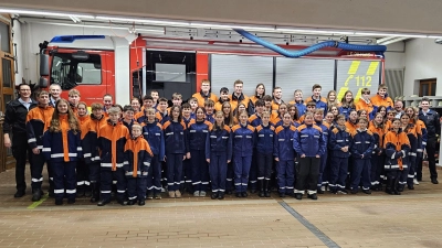 Die Teilnehmerinnen und Teilnehmer des Wissenstest, zusammen mit Bürgermeister Alwin Märkl (5.v.r), Kreisbrandmeister Dominik Ernst (r.), Kreisbrandinspektor Armin Daubenmerkl (1.v.l) und federführender Kommandant Peter Meßmann (3.v.l.). (Bild: Benjamin Weiß)