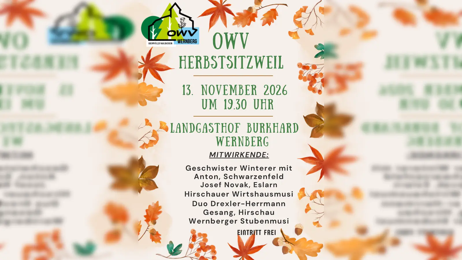 Herzliche Einladung zur traditionellen Herbstsitzweil des Oberpfälzer Waldvereins Wernberg im Landgasthof Burkhard <br>am 13.11.2026 um 19.30 Uhr. Eintritt ist frei! (Bild: Susanne Weiß)