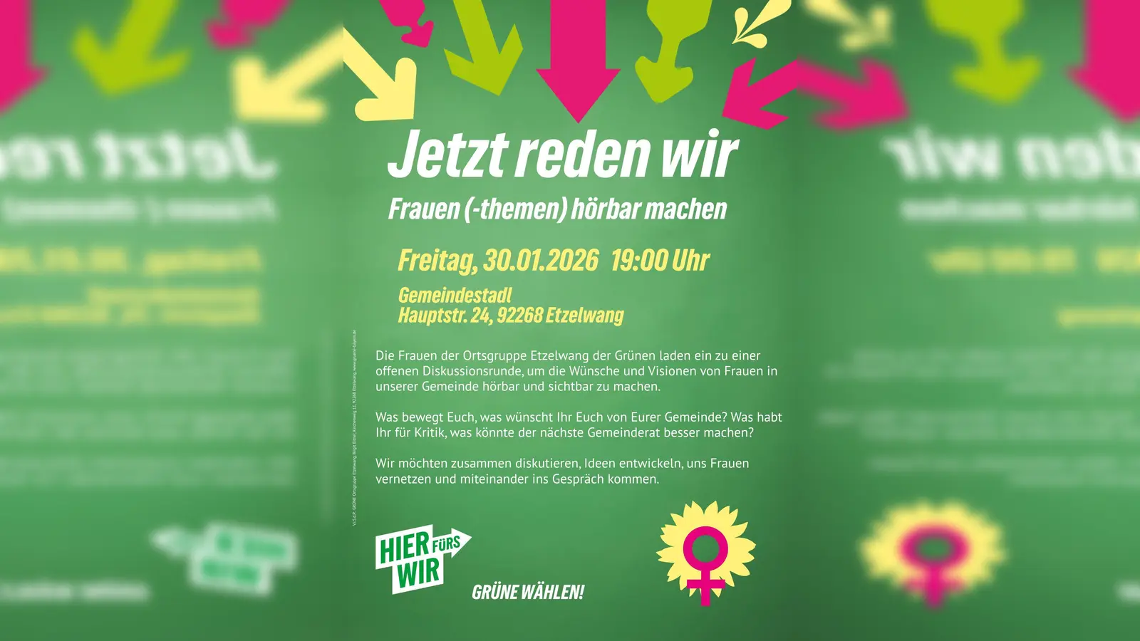 Veranstaltungsplakat Jetzt reden wir - Frauen (-themen) hörbar machen (Bild: Birgit Eitner)