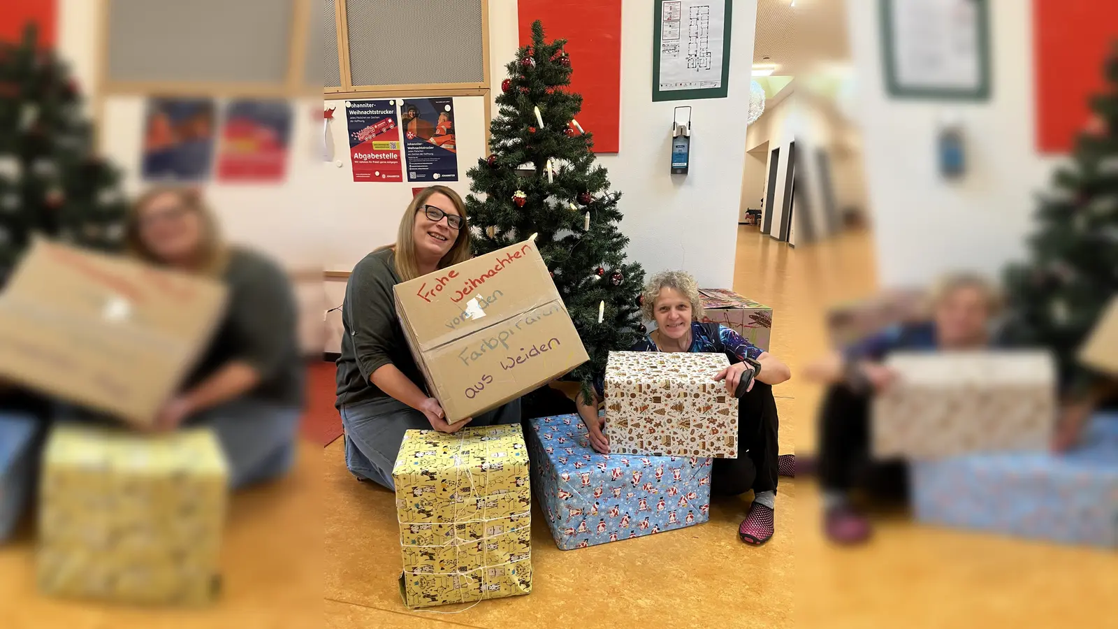 Krippenleitung Bärbel Böhmler und Mitarbeiterin Pia Achatz freuen sich auf den diesjährigen Johanniter-Weihnachtstrucker. (Bild: Vanessa Englert)