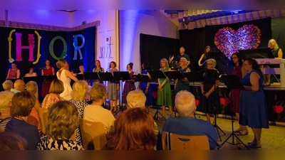 14 Sängerinnen mit der Chorleitung Ulrike Straub legten schon zu Beginn einen musikalischen Farbmantel aus. Die dreiköpfige Band, bestehend aus Irina Hermann (Klavier), Elisabeth Haas (Violine) und Florian Beer (Schlagzeug), holten dabei alle musikalischen Klangfarben aus ihren Instrumenten hervor, die sich finden ließen. (Bild: Elke Scheidler)