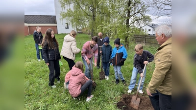 Die Ministrantinnen und Ministranten beim Pflanzen des Maulbeerbaums im Pfarrgarten. Sechster von links Ruhestandspfarrer Dr. Joseph Madathiparampil und ganz rechts Johann Schmaußer (Bild: Marion Baumer)