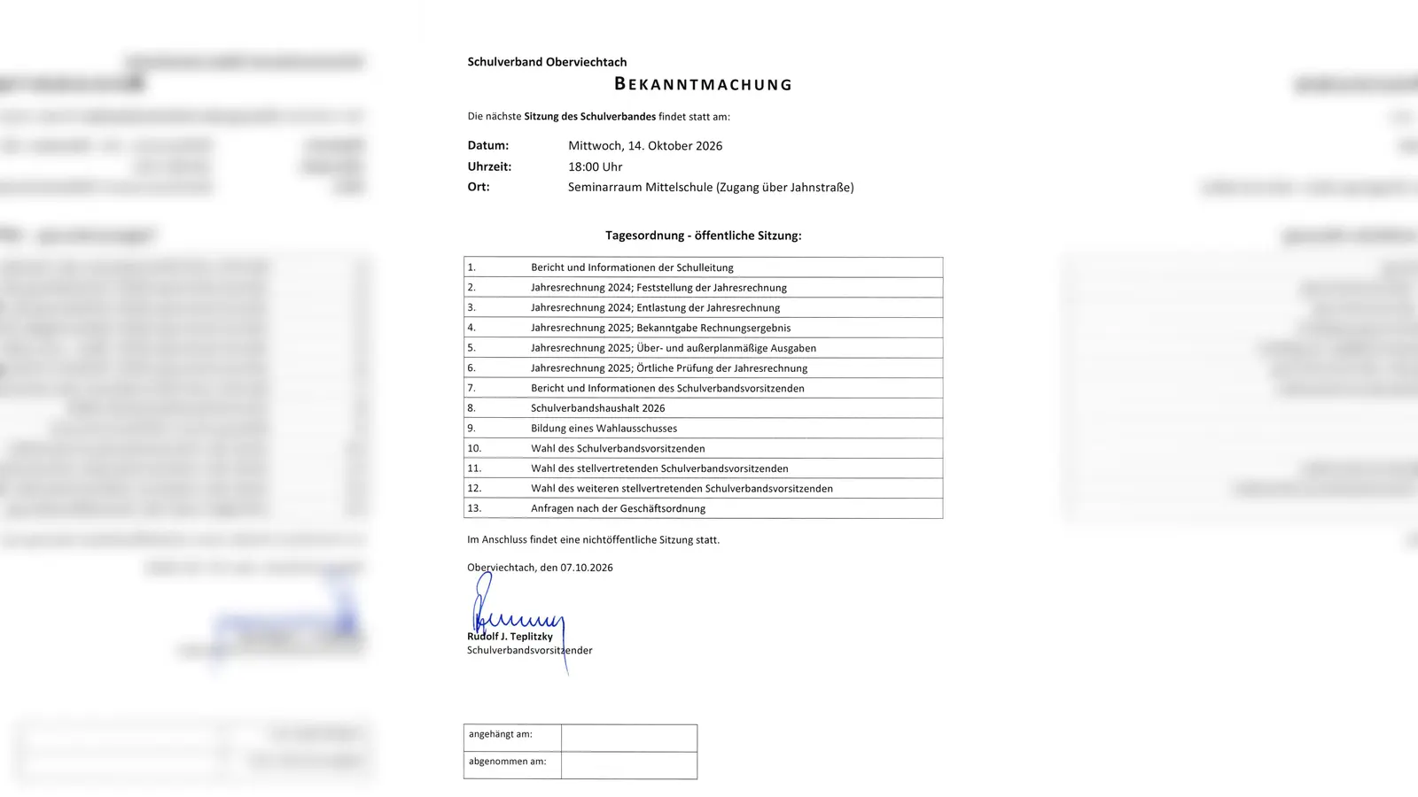 Die Abbildung zeigt die Bekanntmachung zur Sitzung des Schulverbands Oberviechtach am Mittwoch, 14. Oktober, in der Mittelschule Oberviechtach. (Bild: QUELLE UNBEKANNT!)