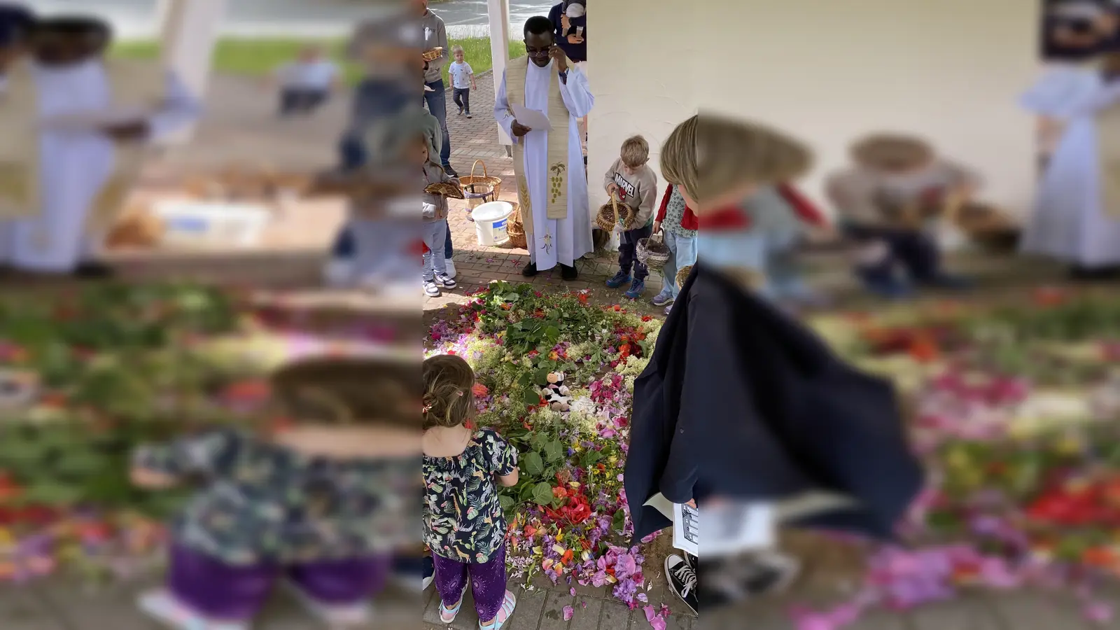 Kinder der Pfarrei Immenreuth legen zum Fronleichnamsfest einen farbenfrohen Blumenteppich. (Bild: Maria Stich)