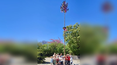 Etsdorfer Blumenkinder vor ihrem ersten, selbst geschmückten Maibaum. (Bild: Ilona Maiwald )