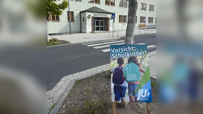 Eines der zahlreichen in Waldsassen aufgestellten Plakate vor der Waldsassener Grundschule (Bild: Nico Sommerer)