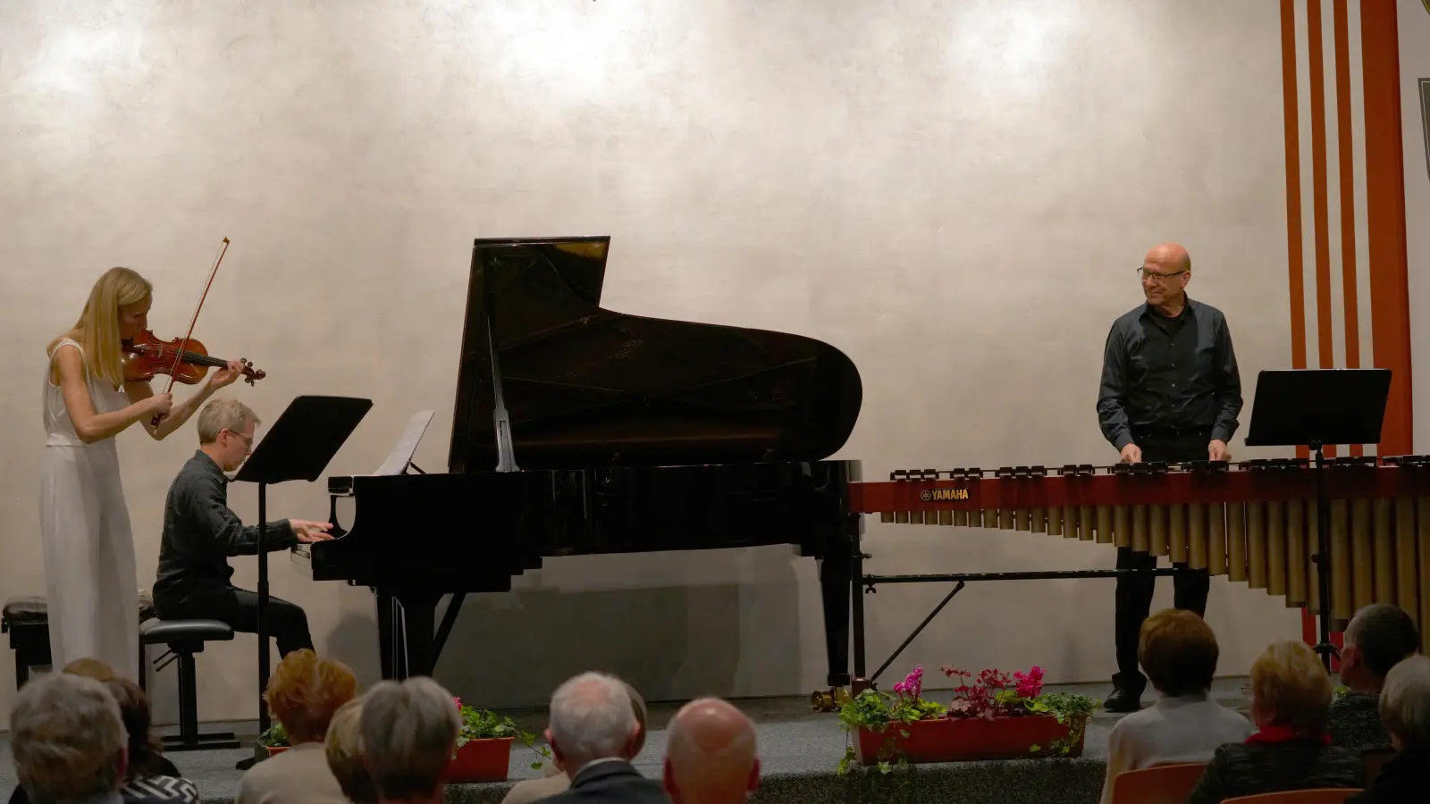 Violinistin Constanze Schneider, Pianist Robert Aust und Eckhard Kopetzki an der Marimba (von links) nahmen die begeisterten Zuhörer auf eine musikalische Reise um die Welt mit. (Bild: Corinna Groth)