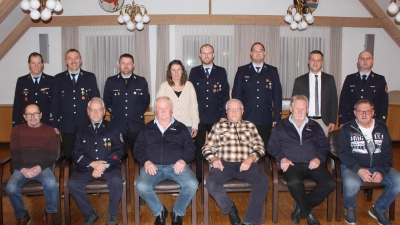 Bild zeigt die Geehrten zusammen mit den Führungsdienstgraden des Landkreises und der Gemeinde zusammen mit Bürgermeister Wolfgang Söllner (hi.2.v.re.).<br> (Bild: Josef Söllner)
