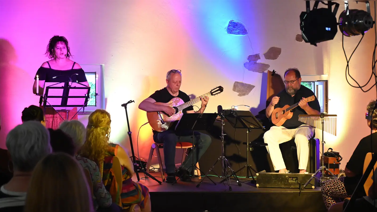 Erzählkunst und Musik verbanden Agnes O. Eisenreich, Hans Wax und Stefan Huber (von links) im Galeriesaal zu einem stimmungsvollen Abend. (Bild: Kerstin Kiener)