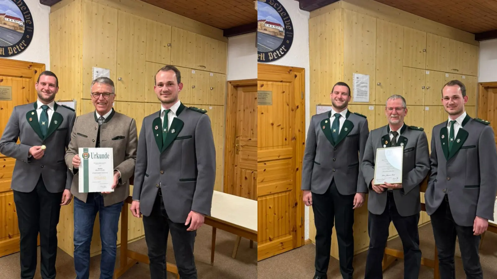 Bild links: Tobias Birkner (l.) und Nico Wiesend (r.) überreichten Franz Stahl die große goldene Gauehrennadel. Bild rechts: Ebenso überreichten sie Hans Bartl das limitierte Protektorabzeichen. (Bild: Lara Wamser)