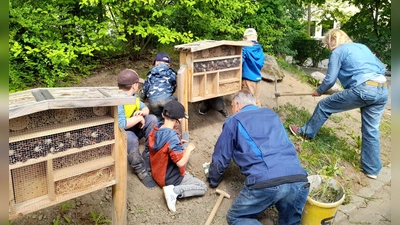 Große und kleine Hände halfen zusammen, um die Grünfläche rund um das Insektenhotel neu anzulegen (Bild: Stefanie Unterburger)