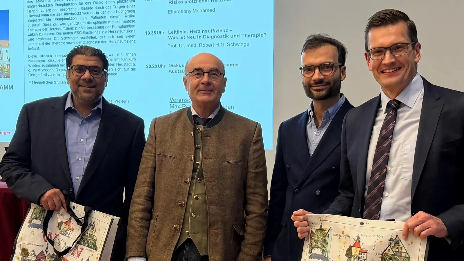 Dr. Mohamed Eltarahony, Prof. Robert H.G. Schwinger, Dr. Markus Rechl und Prof. Christoph Birner (von links) referierten beim 48. Medizinischen Forum in der Max-Reger-Halle.  (Bild: Friedrich Peterhans)
