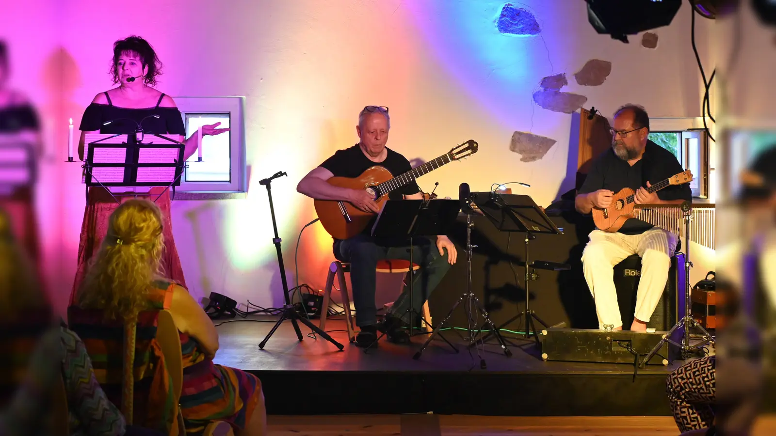 Agnes O. Eisenreich entführt mit ihrer Lesung über schöne, schlaue, aber auch gefährliche Frauen in den alten Orient. Hans Wax und Stefan Huber (von links) begleiten musikalisch mit Melodien zum Hineinträumen, Mitwippen, Lauschen und Mitsummen.  (Bild: Kerstin Kiener)