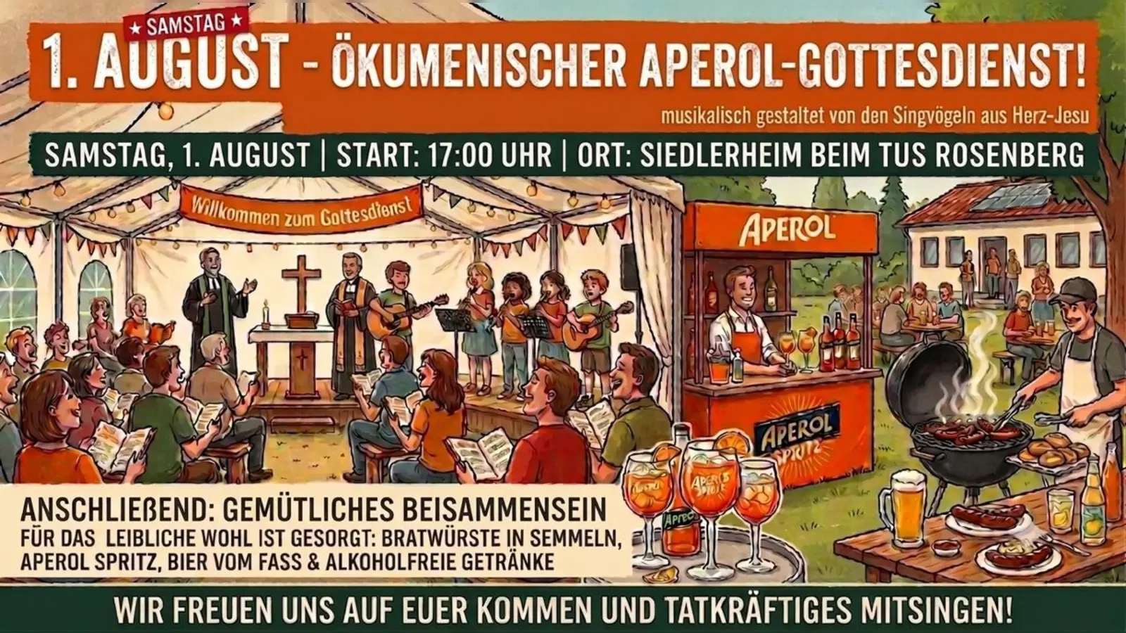 Herzliche Einladung zum Aperol-Gottesdienst am 01.08. um 17:00 Uhr beim Siedlerheim Rosenberg. (Grafik: Daniel Götzfried)