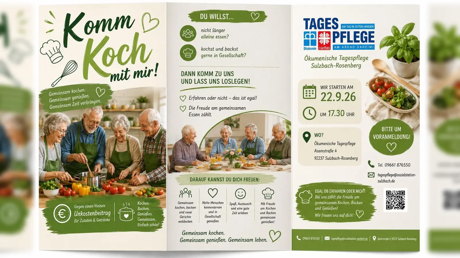 Flyer der Ökumenischen Tagespflege Sulzbach-Rosenberg für die Veranstaltung „komm koch mit mir!”. Zu sehen sind Seniorinnen und Senioren beim gemeinsamen Kochen, Backen und Essen. Die Veranstaltung findet am 22. September 2026 um 17:30 Uhr in der Adamstrasse.4 in Sulzbach-Rosenberg statt. Eine Voranmeldung ist erforderlich. (Bild: Katharina Morgenstern)