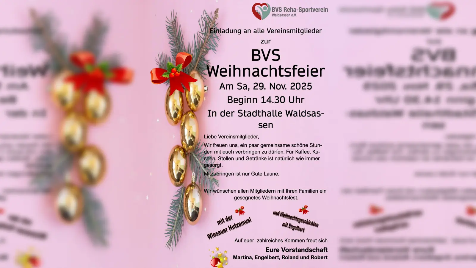 Einladung zur Weihnachtsfeier für Mitglieder am Samstag, den 29.11.2025 um 14:30 Uhr in der Stadthalle Waldsassen (Bild: Roland Heinrich)