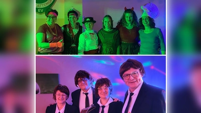 Oben die Gastgeberinnen der Faschingsparty, unten die „Beatles” (Bild: Markus Renner)