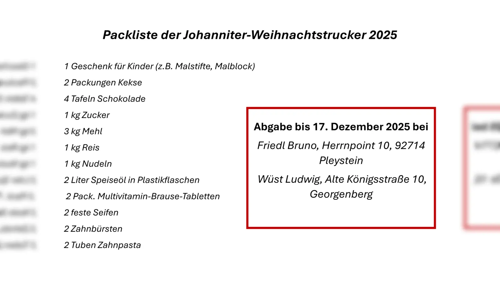 Packliste des Johanniter-Weihnachstrucker nach Rumänien (Bild: Maria Herrmann-Preßl)