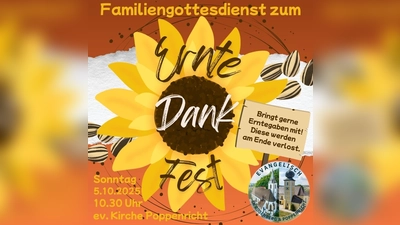 Einladungsflyer Familiengottesdienst Erntedank am 05.10.2025 um 10:30 Uhr in Poppenricht (Grafik: Ramona Scharl)