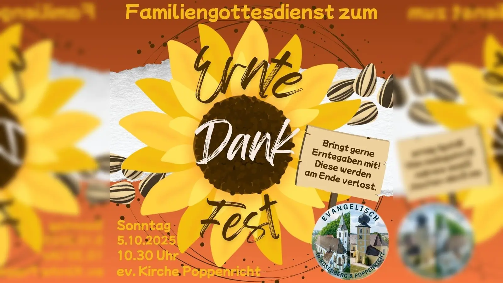Einladungsflyer Familiengottesdienst Erntedank am 05.10.2025 um 10:30 Uhr in Poppenricht (Grafik: Ramona Scharl)