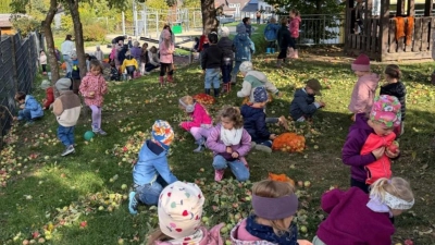 gemeinsam sammeln die Kinder die Äpfel im Garten der KiTa (Bild: Katharina Hösl)