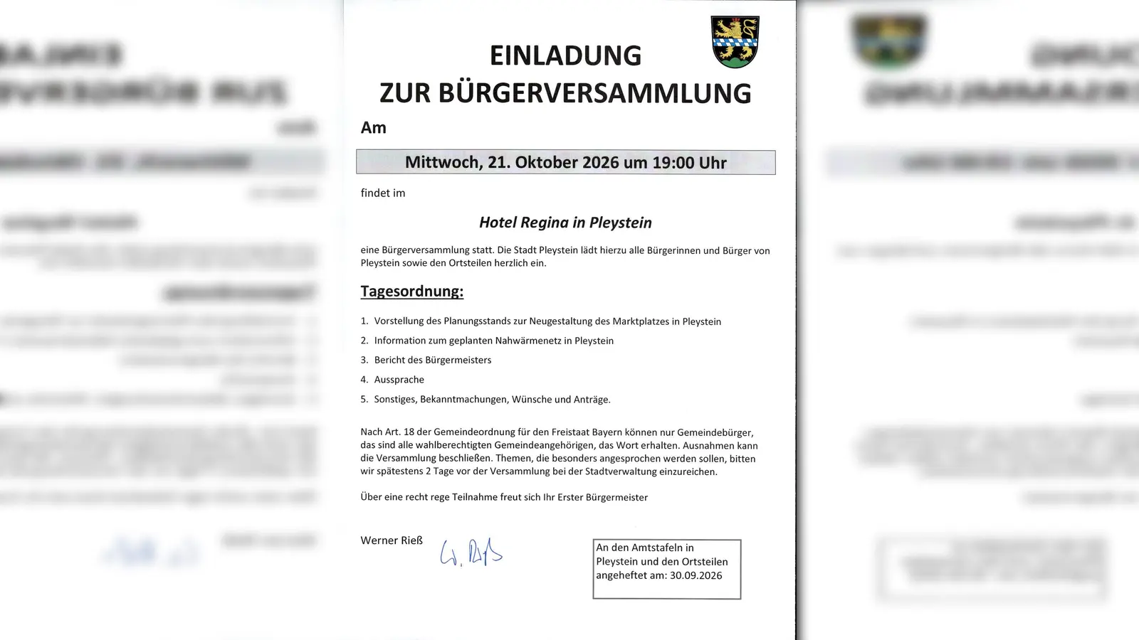 Das Bild zeigt die Einladung zur Bürgerversammlung der Stadt Pleystein im Hotel Regina. (Bild: QUELLE UNBEKANNT!)