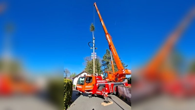 Der Kranfahrer der Firma Einhäupl hebt den Maibaum präzise in seine Halterung. (Bild: Thomas Reich)