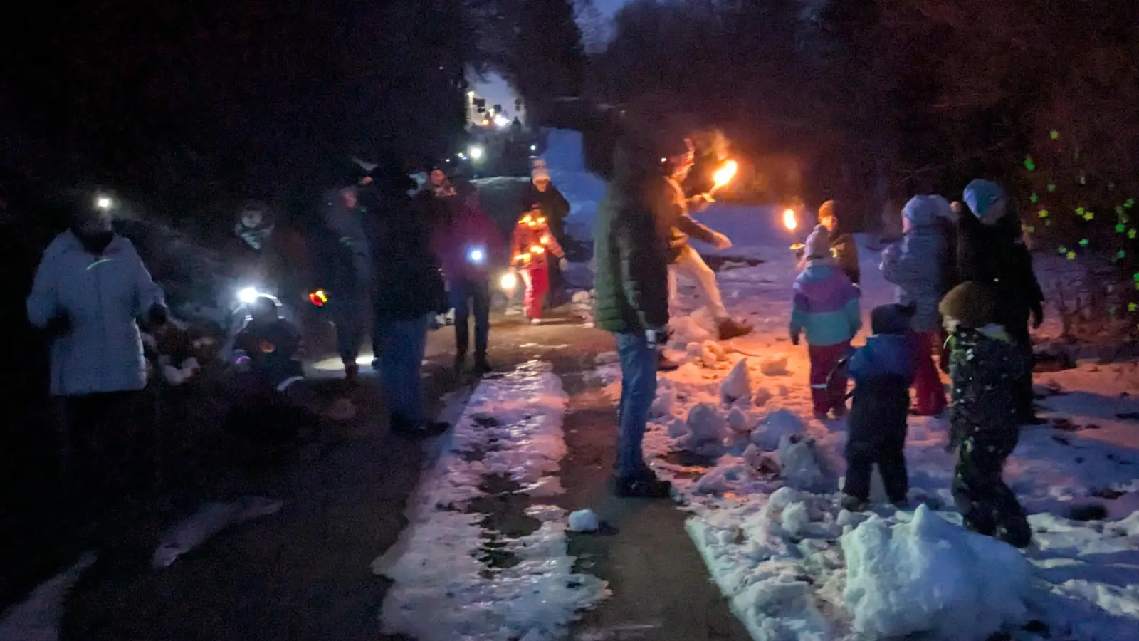 Mit Stirnlampen und Fackeln ausgerüstet durch die Dunkelheit. (Bild:  Kristin Hochmuth)