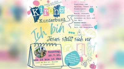 Einladungsflyer Kirche kunterbunt am 20. Juli 2025 von 10:00 Uhr bis 13:00 Uhr bei der Evang. Kirche Poppericht (Grafik: Ramona Scharl)