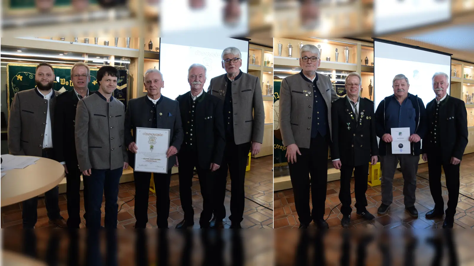 Die geehrten Günter Baumkirchner (linkes Foto) und Martin Beinhölzl (rechtes Foto) mit den Schützenmeister vom Verein, GAU und OSB. (Bild: Michael Hauser)