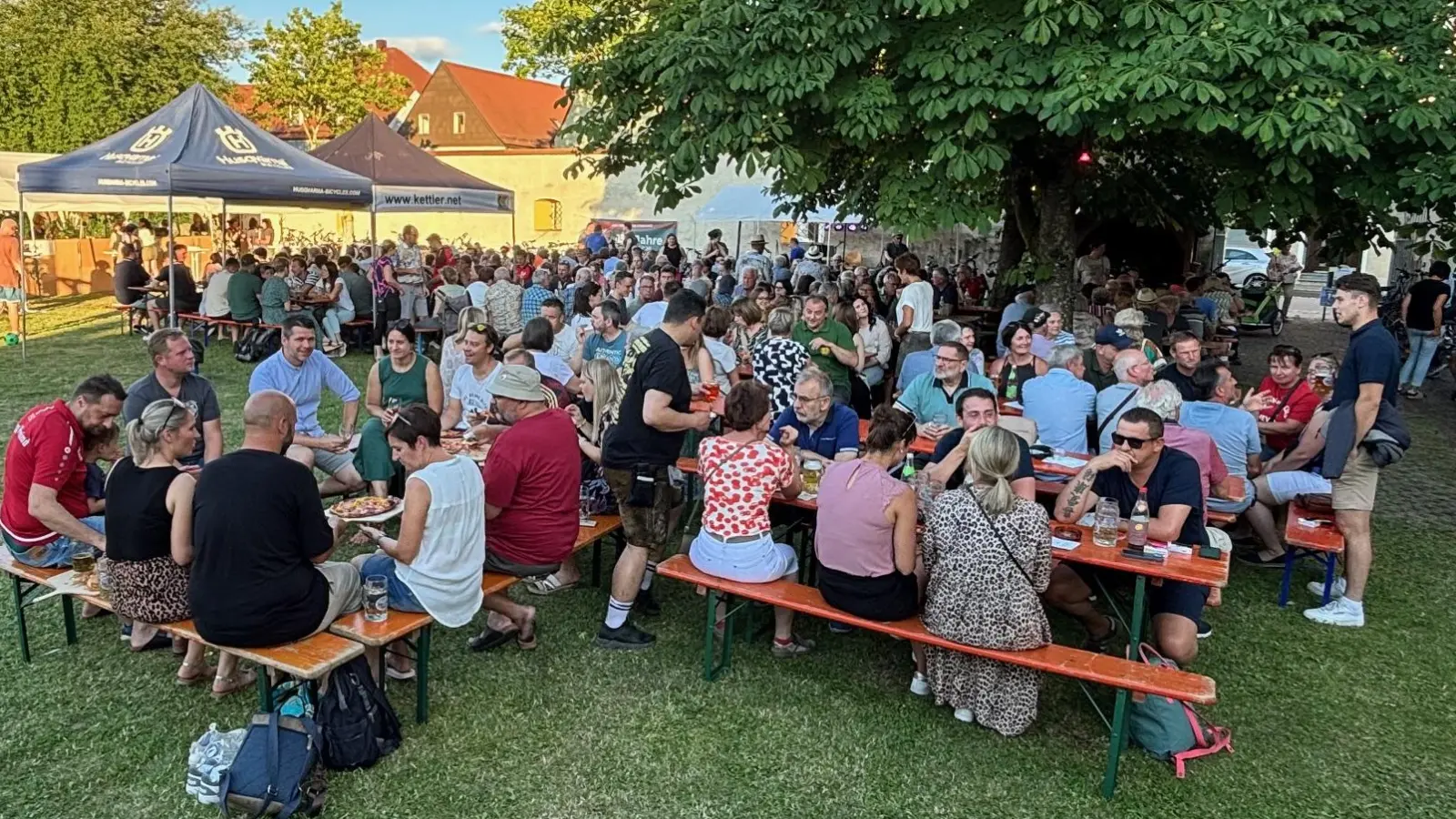 Gäste genießen den Schatten der Bäume auf dem Brunnenfest vom OWV Pfreimd (Bild: Robert Kostner)