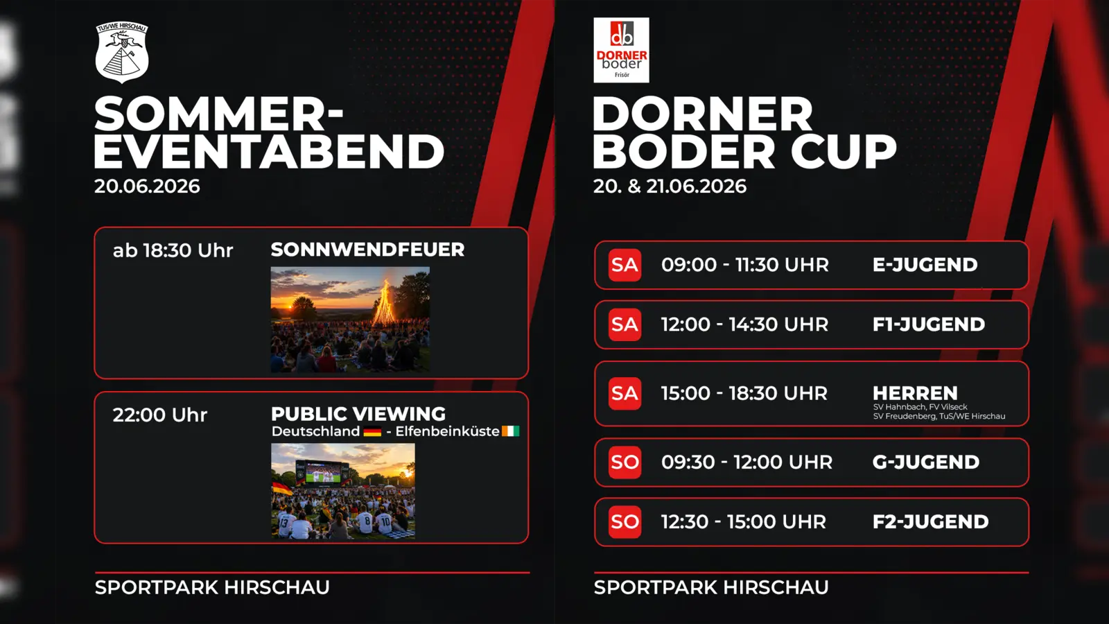 Turnierwochenende mit Sonnwendfeuer und Public Viewing beim TuS/WE im Hirschauer Sportpark (Bild: Christian Gebhardt)
