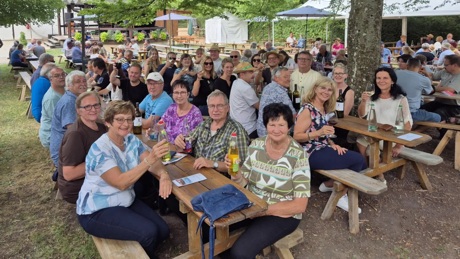 Im Schatten der großen, alten Bäume sitzen, dabei ein gutes Glas Wein und regionale Köstlichkeiten genießen. VdK-Vorsitzender Harald Schlöger hatte mit der Auswahl seines Ausflugzieles ein gutes Nässchen bewiesen. (Bild: Michael Wiesnet )