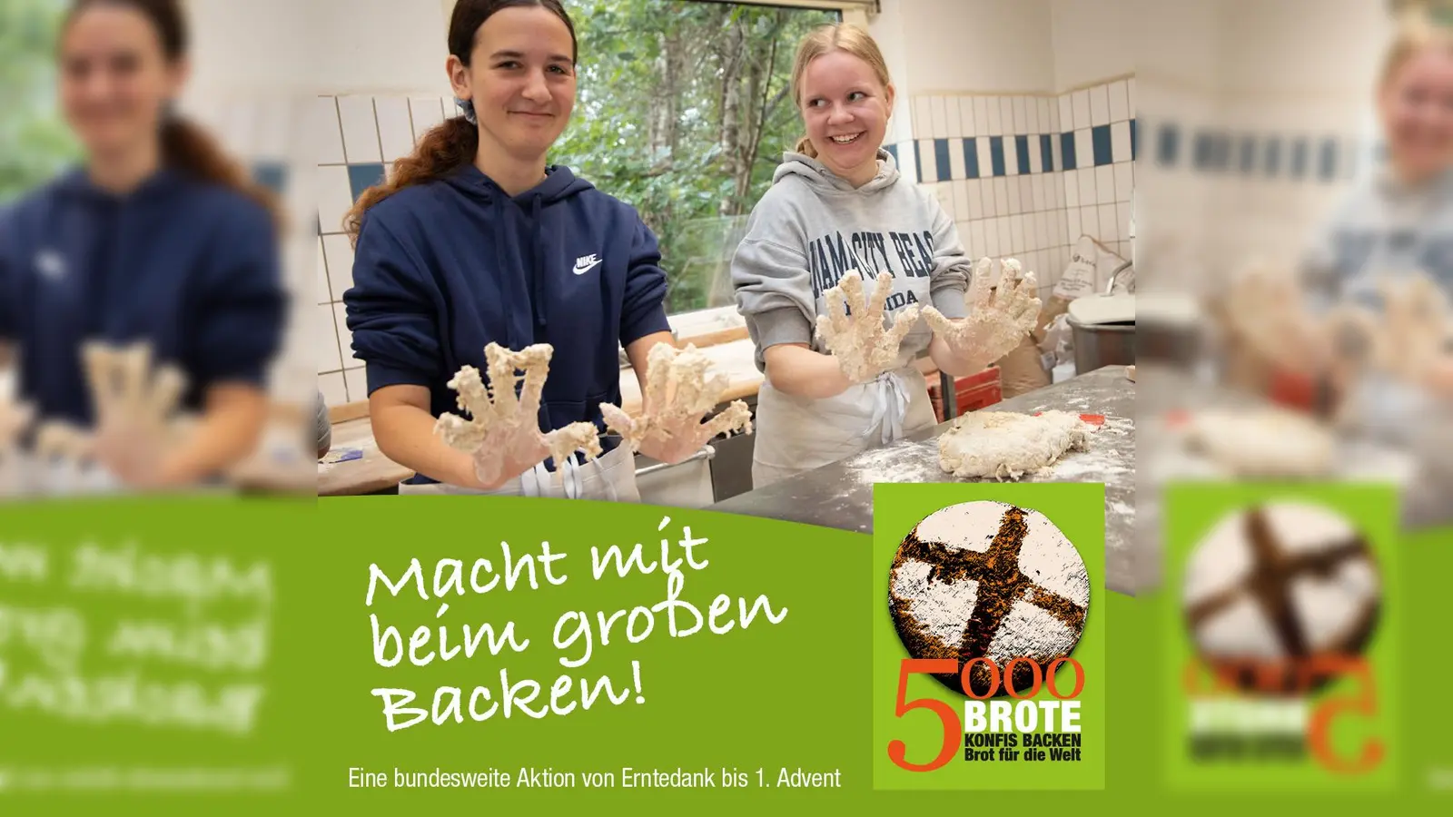Zwei Konfirmandinnen bei der Brotbackaktion im vergangenen Jahr (Bild: Brot für die Welt)