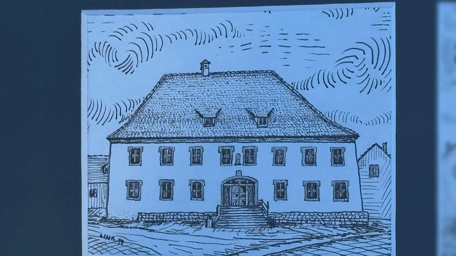 Tuschezeichnung des Kindergartens von Siegfrid Link (Bild: Manuela Mayer)