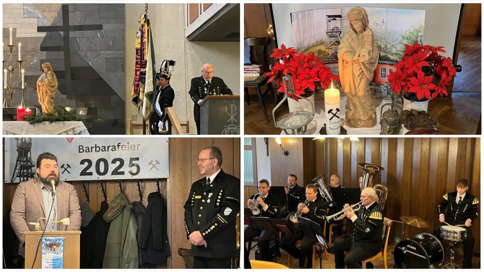 o.l. Gottesdienst in der Christuskirche - o.r. die Hl. Barbara des Bergknappenvereins - u.l. Grußwort Bürgermeister Stefan Frank - u.r. Eine Abordnung der Bergknappenkapelle (Bild: Tamara Kraus)