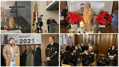 o.l. Gottesdienst in der Christuskirche - o.r. die Hl. Barbara des Bergknappenvereins - u.l. Grußwort Bürgermeister Stefan Frank - u.r. Eine Abordnung der Bergknappenkapelle (Bild: Tamara Kraus)