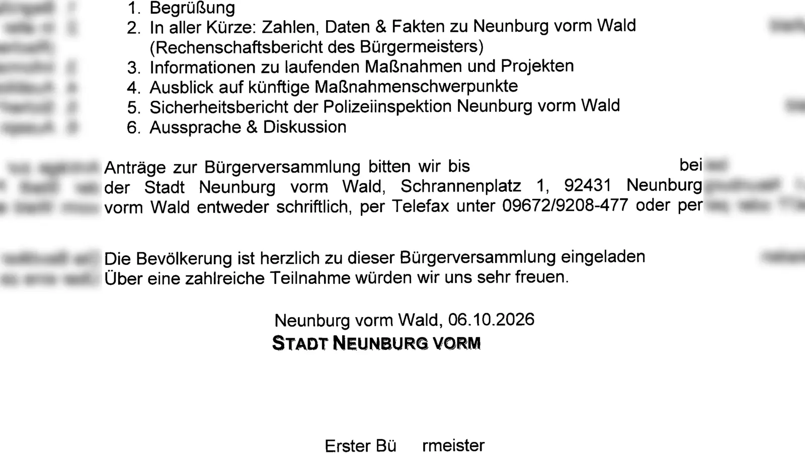Bekanntmachung zur Bürgerversammlung 2026 der Stadt Neunburg vorm Wald. (Bild: QUELLE UNBEKANNT!)