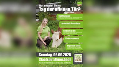 Das Plakat kündigt den Tag der offenen Tür zum 125-jährigen Bestehen des Staatsguts Almesbach an. (Bild: Marion Rauh)