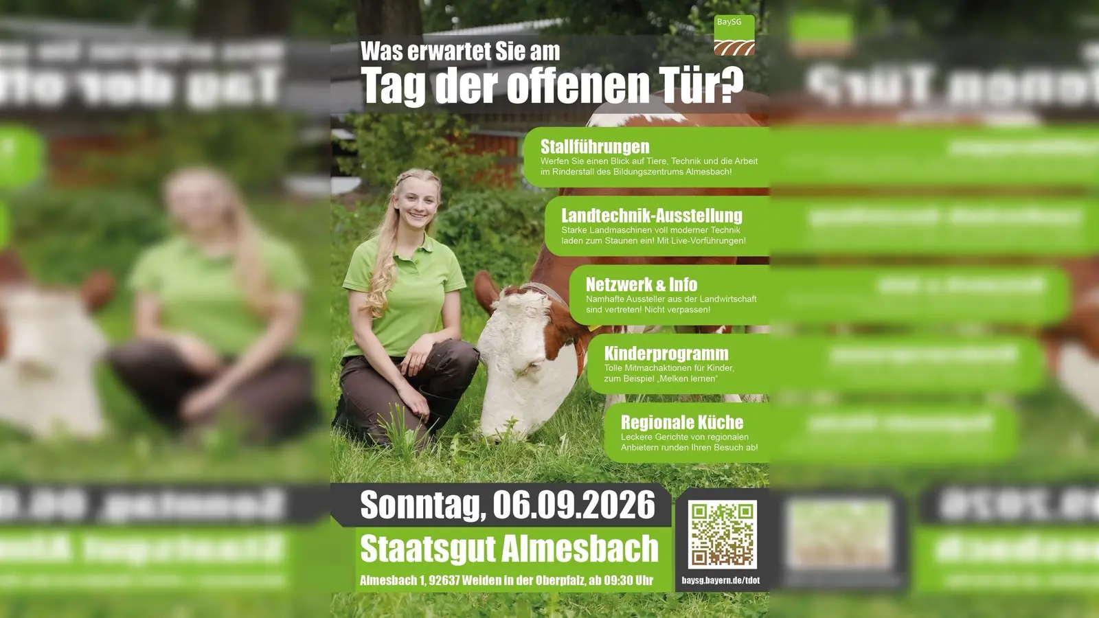 Das Plakat kündigt den Tag der offenen Tür zum 125-jährigen Bestehen des Staatsguts Almesbach an. (Bild: Marion Rauh)