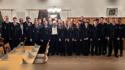 Verleihung von Leistungsabzeichen und Abzeichen für den Wissenstest. Mit auf dem Bild Hans Schön (Bildmitte), geehrt für 60 Jahre Mitgliedschaft bei der FFW Traßlberg  (Bild: Cornelia Zich)